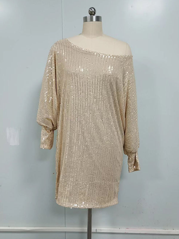 Momentlover Solid Color Sequined Asymmetric Three-Quarter Sleeves Puff Sleeves One-Shoulder Mini Dresses