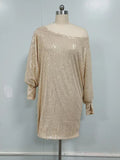 Momentlover Solid Color Sequined Asymmetric Three-Quarter Sleeves Puff Sleeves One-Shoulder Mini Dresses
