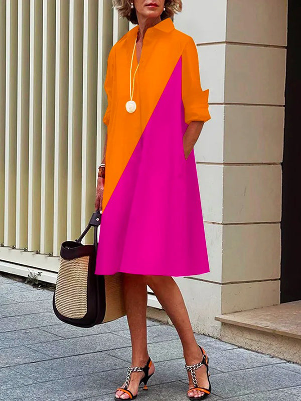 Momentlover Stylish Selection Long Sleeves Contrast Color Lapel Midi Dresses