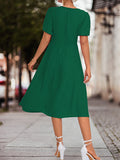 Momentlover Split-Joint Solid Color Pleated Knot Elasticity Short Sleeves Puff Sleeves V-neck Midi Dresses