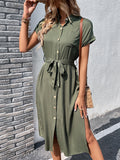 Momentlover Solid Color Ribbed Short Sleeves Loose Lapel Midi Dresses