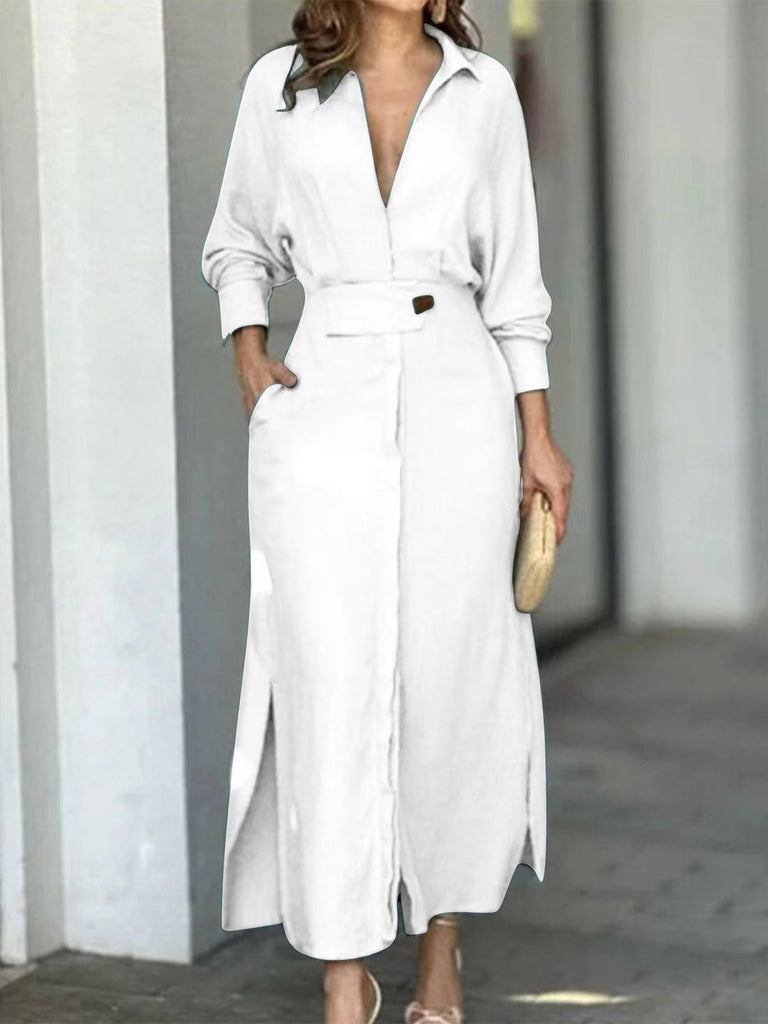 Momentlover Solid Color Long Sleeves Lapel Collar Maxi Dresses