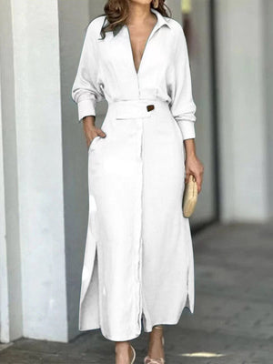 Momentlover Solid Color Long Sleeves Lapel Collar Maxi Dresses