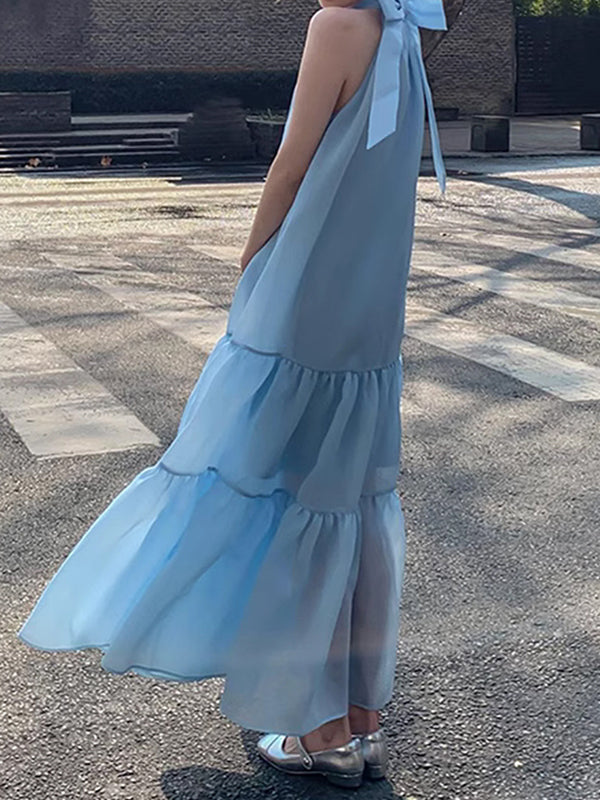 Momentlover Solid Color Sleeveless Loose Halter-Neck Midi Dresses