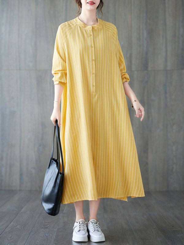 Momentlover Striped Split-Side Buttoned Loose Long Sleeves Round-Neck Shirt Dress Midi Dresses
