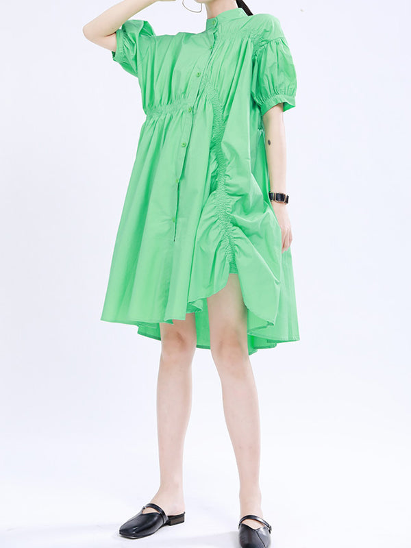 Momentlover Solid Color Pleated Asymmetric Short Sleeves Loose Stand Collar Shirt Dress Mini Dresses