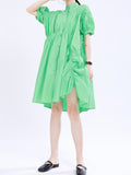 Momentlover Solid Color Pleated Asymmetric Short Sleeves Loose Stand Collar Shirt Dress Mini Dresses