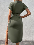 Momentlover Solid Color Ribbed Short Sleeves Loose Lapel Midi Dresses