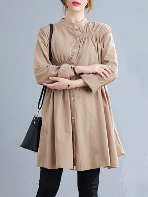 Momentlover Pleated Elasticity Buttoned Asymmetric Loose Long Sleeves Mini Dresses