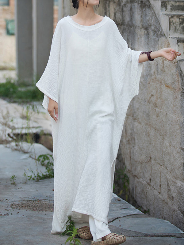 Momentlover Split-Side Solid Color Loose Long Sleeves Round-Neck Midi Dresses