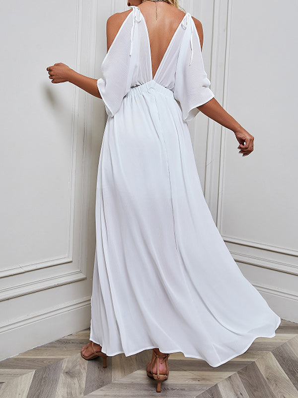 Momentlover Split-front Solid Color Loose Batwing Sleeves Deep V-Neck Maxi Dresses