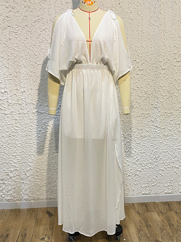 Momentlover Split-front Solid Color Loose Batwing Sleeves Deep V-Neck Maxi Dresses