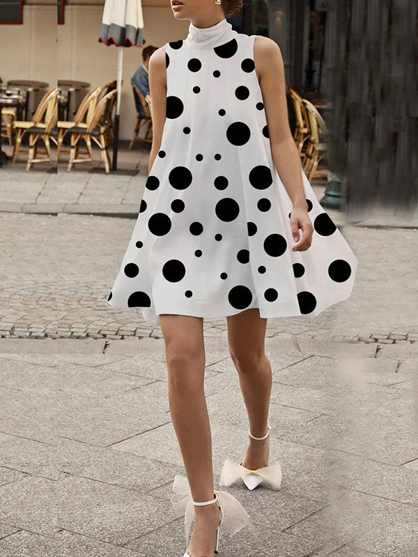Momentlover Sleeveless A-Line Polka Dot High-Neck Mini Dresses