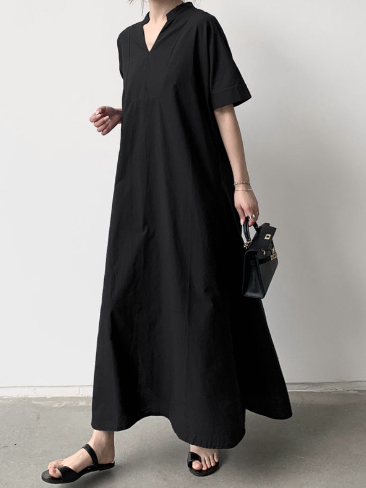Momentlover Solid Color Short Sleeves Loose V-Neck Maxi Dresses
