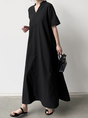 Momentlover Solid Color Short Sleeves Loose V-Neck Maxi Dresses