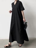 Momentlover Solid Color Short Sleeves Loose V-Neck Maxi Dresses