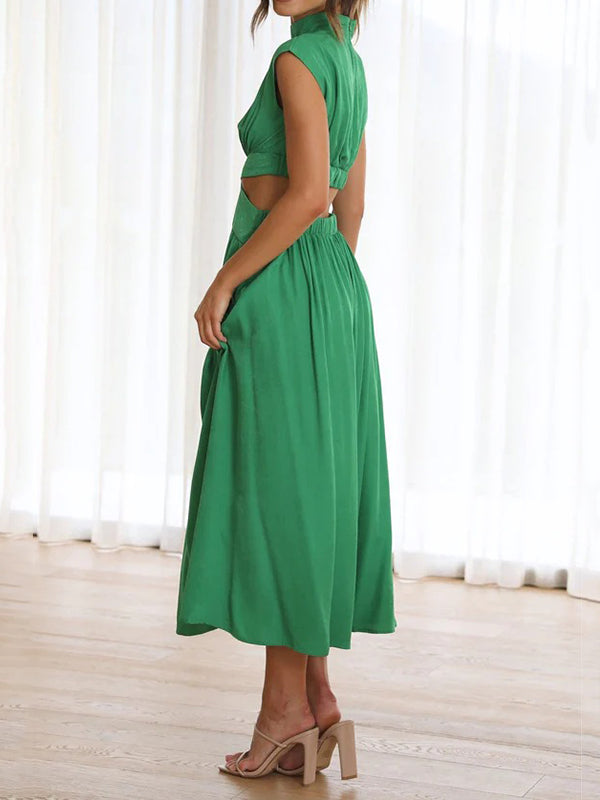 Momentlover Solid Color Pleated Belly-Hollow Cap Sleeve Stand Collar Maxi Dresses