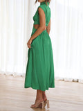 Momentlover Solid Color Pleated Belly-Hollow Cap Sleeve Stand Collar Maxi Dresses