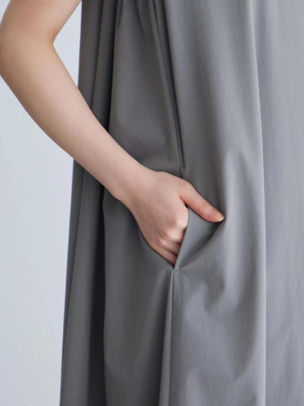 Momentlover Solid Color Sleeveless Loose Round-Neck Midi Dresses