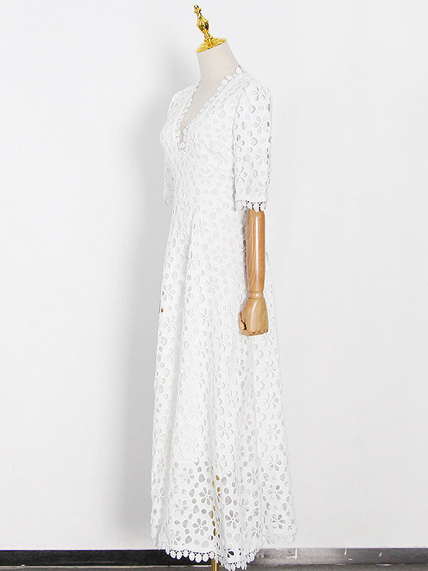 Momentlover Solid Color Hollow Half Sleeves Deep V-Neck Maxi Dresses