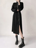 Momentlover Zipper Split-Front Asymmetric Long Sleeves High Neck Midi Dresses
