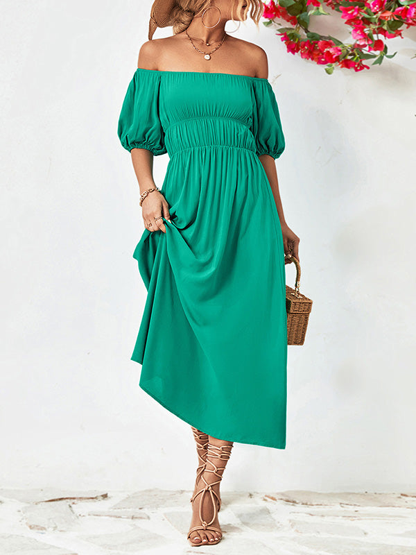 Momentlover Solid Color Short Sleeves Loose Off-The-Shoulder Midi Dresses