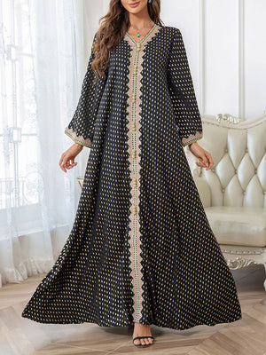 Momentlover Polka-Dot Muslim Loose Long Sleeves V-Neck Maxi Dresses