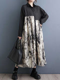 Momentlover Split-Joint Printed Buttoned Asymmetric Loose Long Sleeves Lapel Shirt Dress Midi Dresses