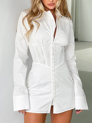 Momentlover Split-Front Solid Color Buckle Skinny Long Sleeves Lapel Mini Dresses