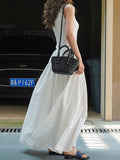 Momentlover Split-Joint Solid Color Pleated Sleeveless Loose Round-Neck Maxi Dresses