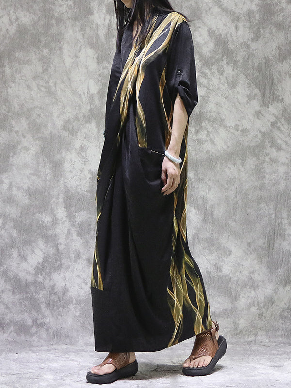 Momentlover Split-back Printed Pockets Loose Long Sleeves V-neck Maxi Dresses