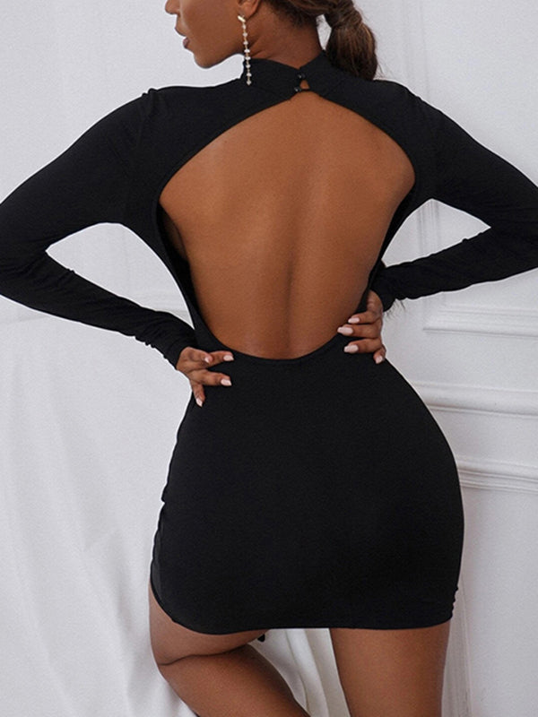 Momentlover Tied Solid Color Drawstring Backless Asymmetric Skinny Long Sleeves High Neck Mini Dresses