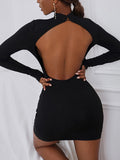 Momentlover Tied Solid Color Drawstring Backless Asymmetric Skinny Long Sleeves High Neck Mini Dresses
