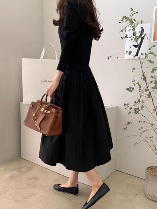 Momentlover Split-Joint Pleated Loose Long Sleeves Round-Neck Midi Dresses