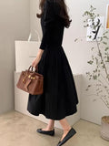 Momentlover Split-Joint Pleated Loose Long Sleeves Round-Neck Midi Dresses