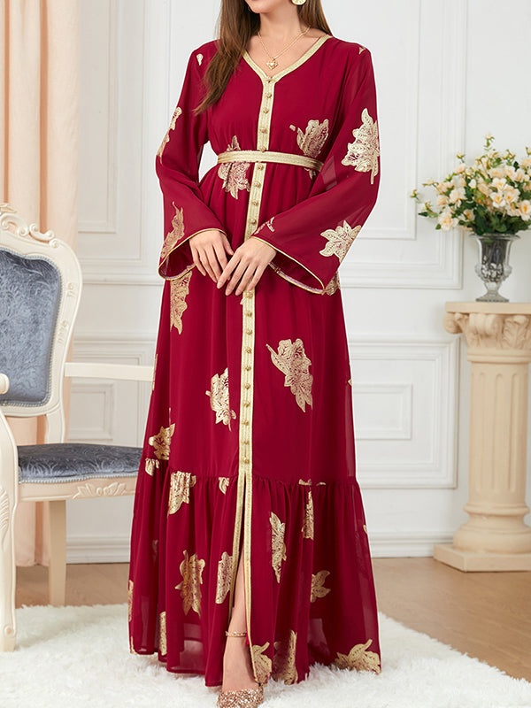 Momentlover Tied Waist Split-Joint Split-Front Printed Pleated Loose Long Sleeves V-Neck Maxi Dresses