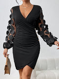 Momentlover Solid Color Polka-Dot Mesh Elasticity Buttoned Long Sleeves High Waisted Deep V-Neck Mini Dresses