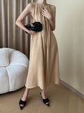 Momentlover Solid Color Pleated Sleeveless Loose Round-Neck Midi Dresses
