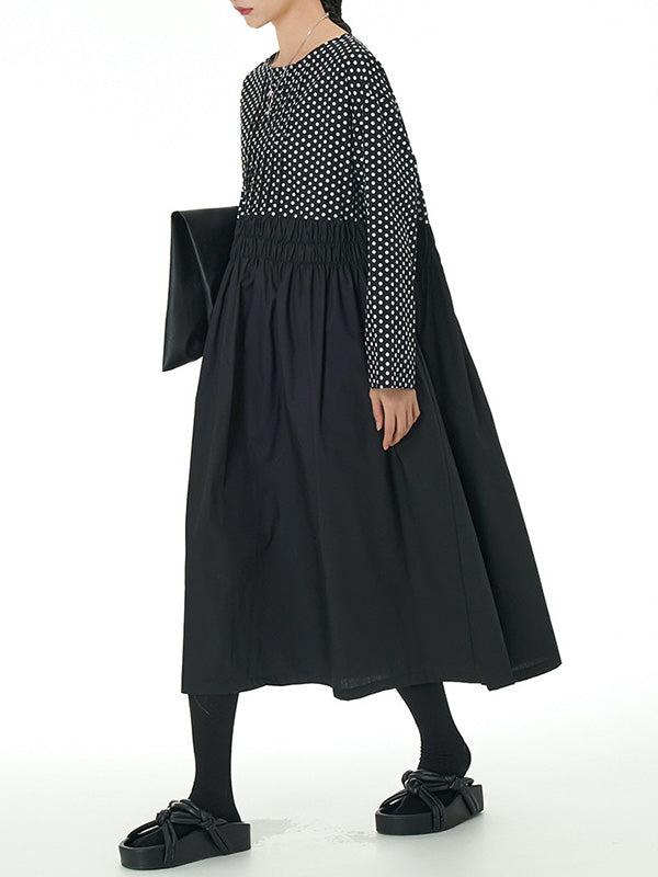 Momentlover Split-Joint Polka-Dot Pleated Elasticity Contrast Color Loose Long Sleeves Round-Neck Midi Dresses
