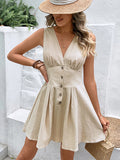 Momentlover Solid Color Sleeveless High Waisted V-Neck Mini Dresses