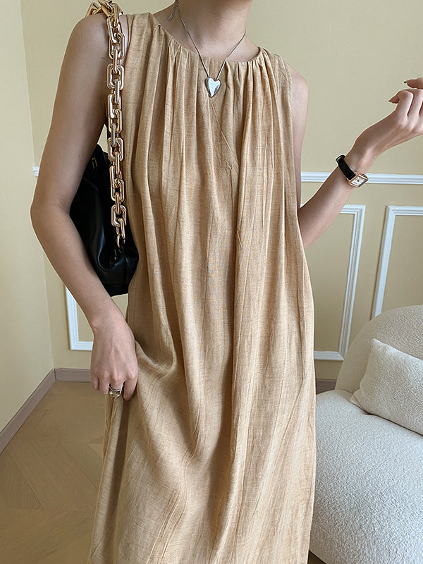Momentlover Solid Color Pleated Sleeveless Loose Round-Neck Midi Dresses