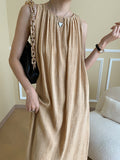 Momentlover Solid Color Pleated Sleeveless Loose Round-Neck Midi Dresses