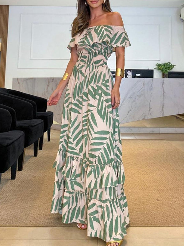 Momentlover Printed Leaf Falbala Elasticity Short Sleeves Loose Off-The-Shoulder Maxi Dresses