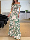 Momentlover Printed Leaf Falbala Elasticity Short Sleeves Loose Off-The-Shoulder Maxi Dresses