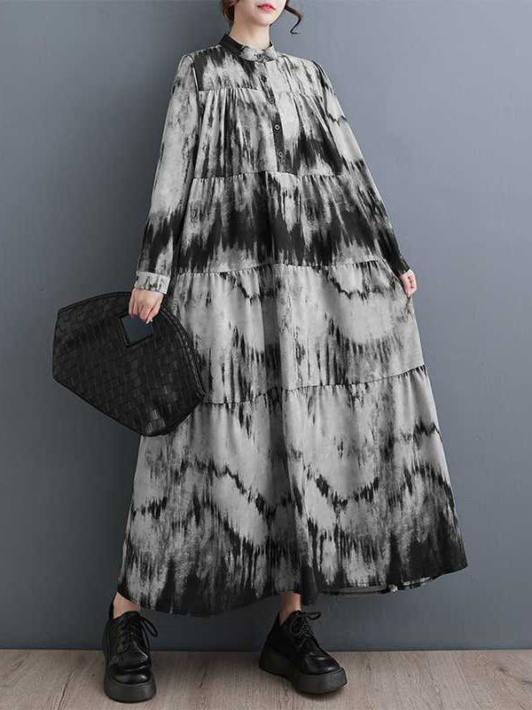 Momentlover Split-Joint Printed Pleated Loose Long Sleeves Stand Collar Midi Dresses