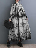 Momentlover Split-Joint Printed Pleated Loose Long Sleeves Stand Collar Midi Dresses
