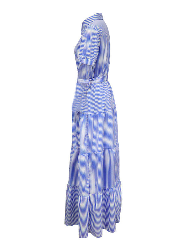 Momentlover Striped Short Sleeves Loose Lapel Maxi Dresses