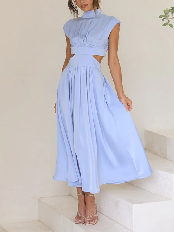 Momentlover Solid Color Pleated Belly-Hollow Cap Sleeve Stand Collar Maxi Dresses