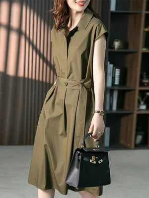 Momentlover Solid Color Bandage Short Sleeves Plus Size Lapel Midi Dresses