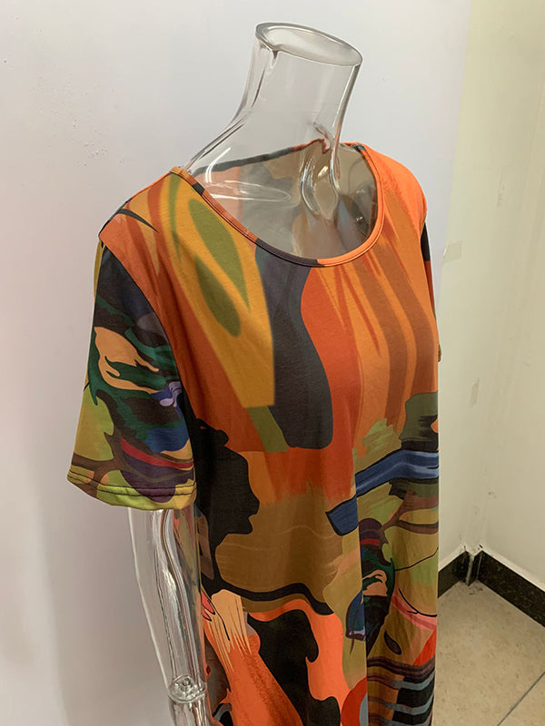 Momentlover Printed Short Sleeves Loose Round-Neck Midi Dresses